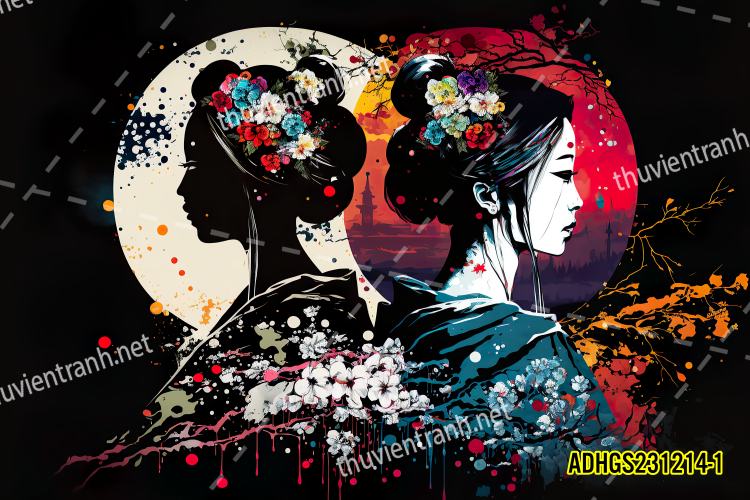 Tranh dán tường hoa cô gái Geisha Nhật Bản-ADHGS231214-1 - Kết quả tìm kiếm tranh tường